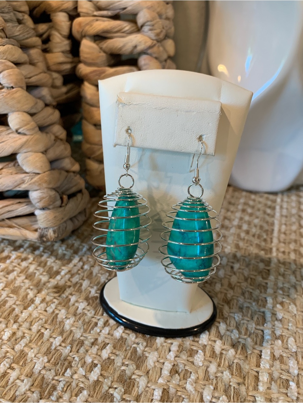 925 Sterling Silver Turquoise Stone Teardrop Earrings - Silver Wire